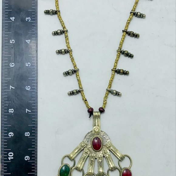 Pendant Necklace, Tribal Big Pendant With Red and Green Glass Stones and Beaded - Picture 8 of 11